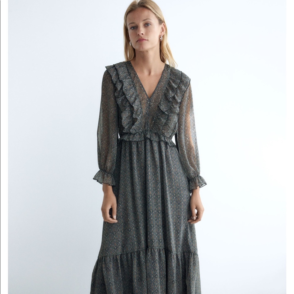 Zara long sleeve metallic printed dress